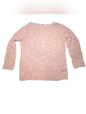 Liz Claiborne Open-Knit Crochet Long Sleeve Tunic Sweater - Blush Pink XL